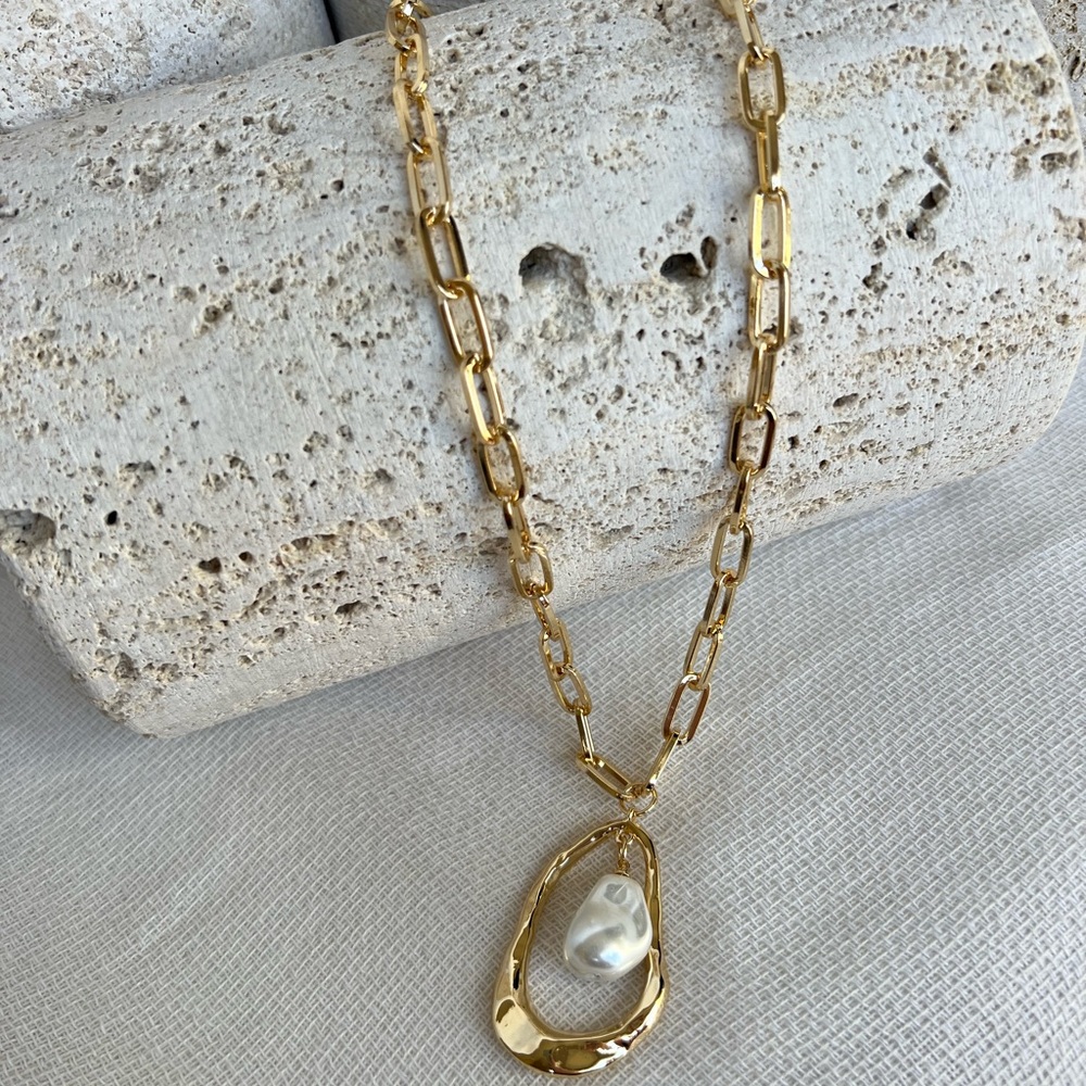 Gold and Pearl Pendant Paperclip Necklace 18in + 3in Layering Necklace NWT - Picture 5 of 8